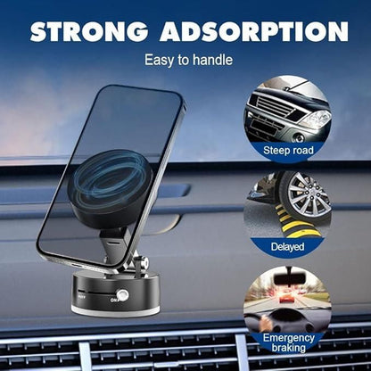 Phone holder with strong adsorption feature on a car dashboard, showing scenarios like steep roads and emergency braking.