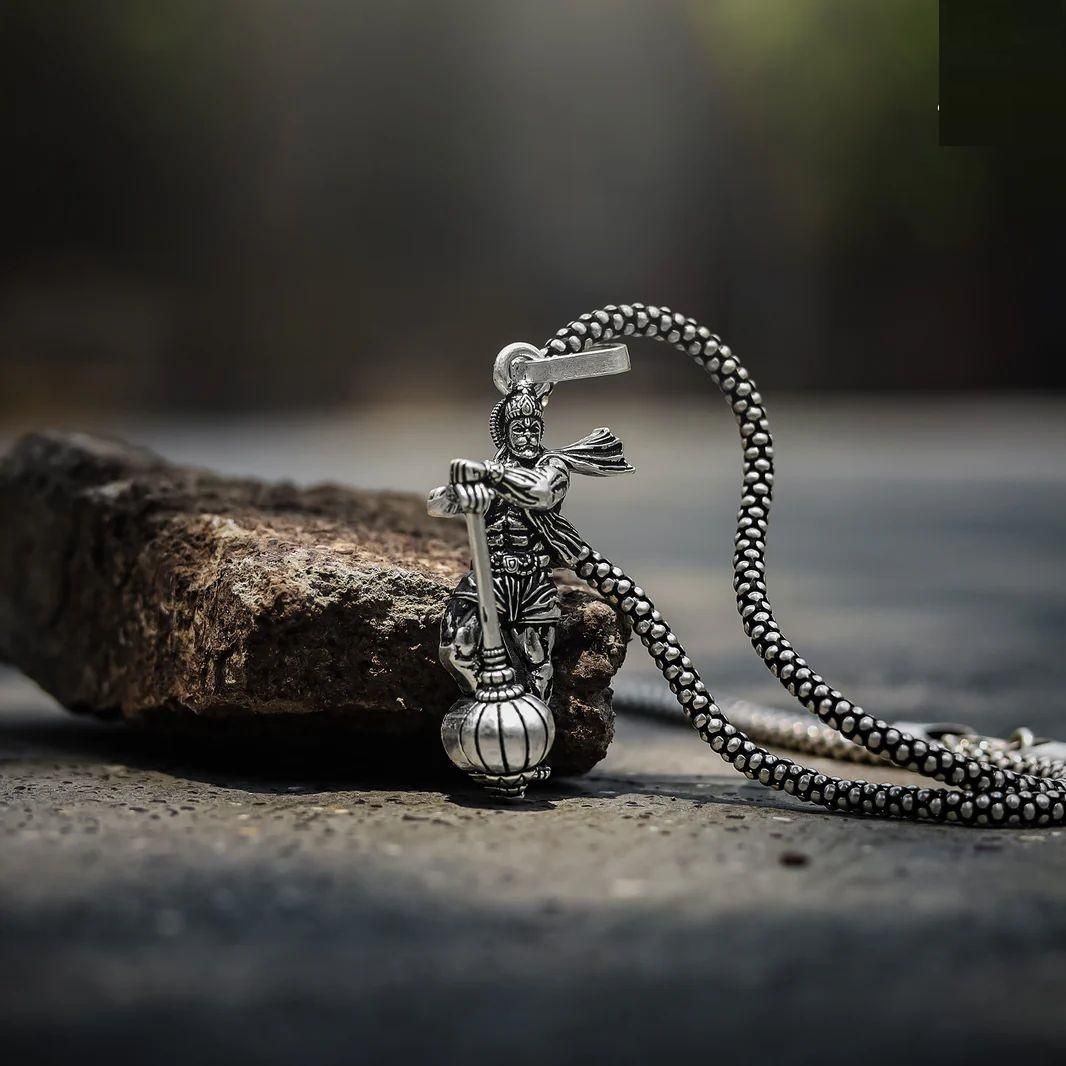 Hanuman With Gada Silver Pendant Chain