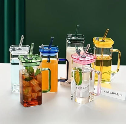 Square Glass with Lid and Straw