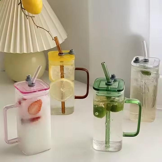 Square Glass with Lid and Straw