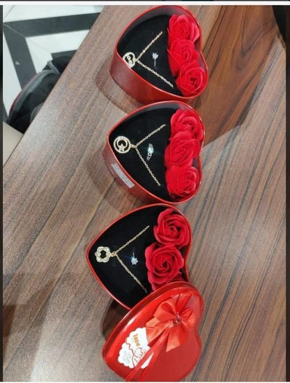 Sparkling Love Necklace & Jewelry with Artificial Roses in Heart Box