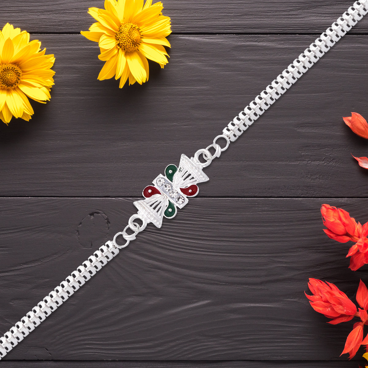 Twin Kalash Design Silver-toned Rakhi