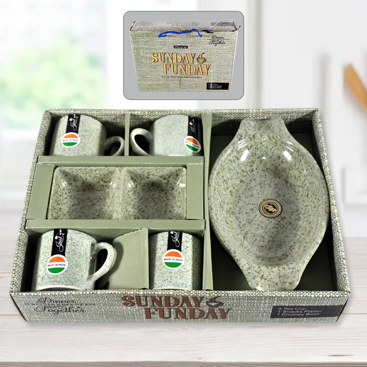 8240 Sunday Funday Ceramic Tea  Cups  Mug With Plastic Snacks Platter And 2 Compartment Chutney Bowl Milk Cup Coffee Cup Breakfast Cup Drinking Mug Or Outdoor For Household Gift For Birthday Wedding Party (6 Pcs Set)