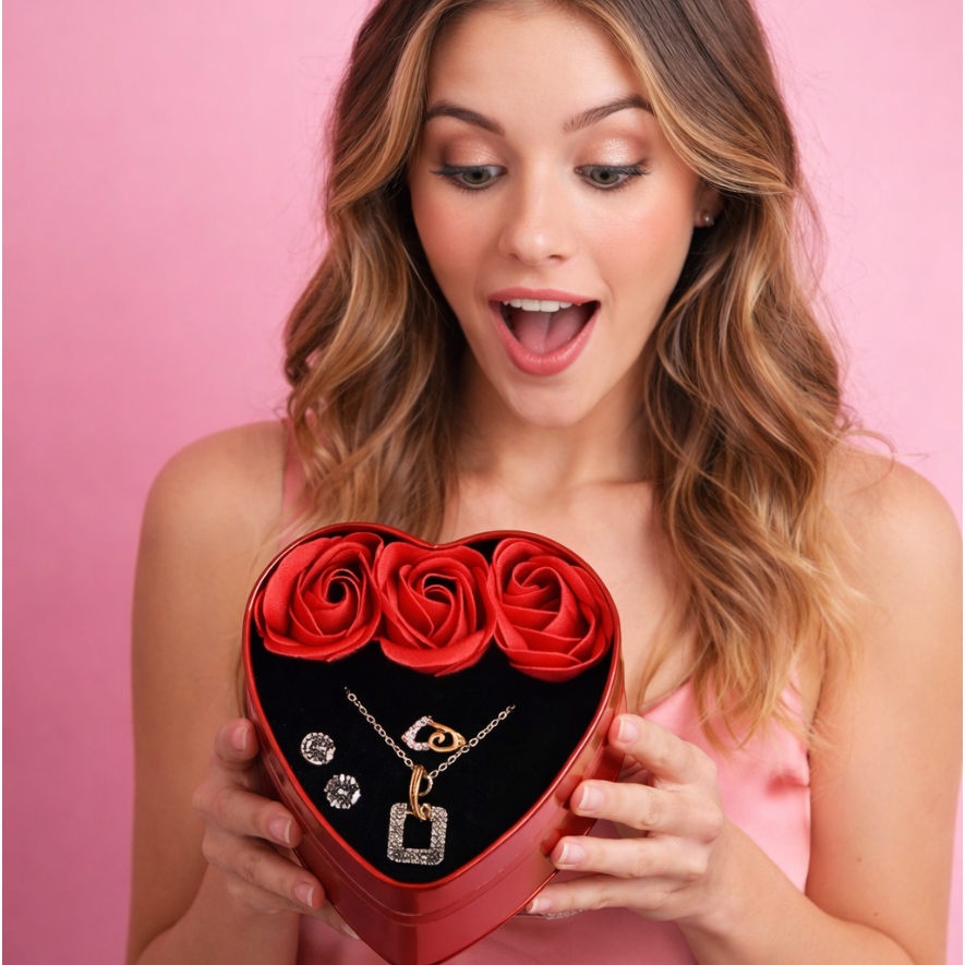 Sparkling Love Necklace & Jewelry with Artificial Roses in Heart Box