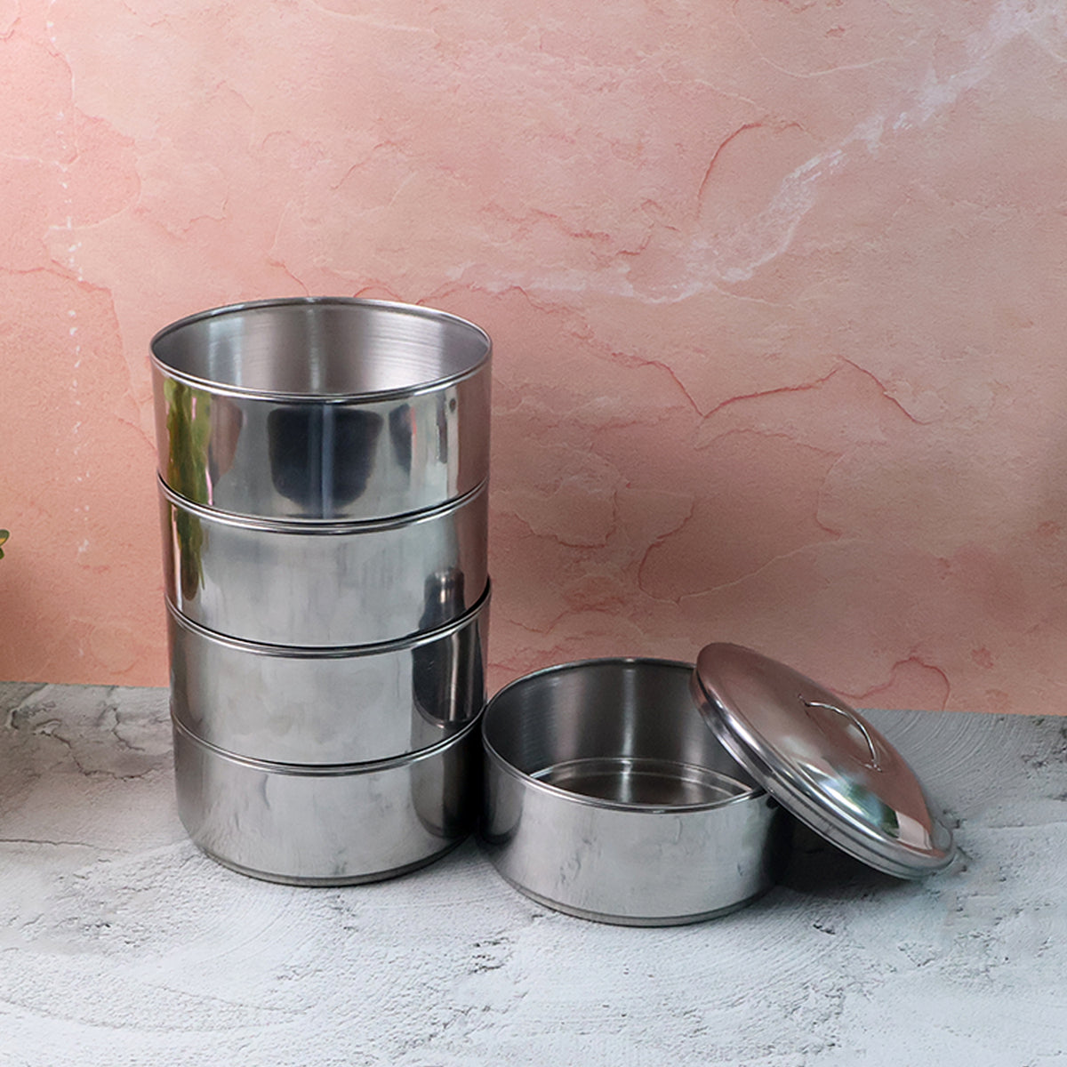 5799 Big Size 5 Compartment Lunch Box Stainless Steel Round Tiffin Traditional Tiffin Box For Kids College Office Men And Women Meal Holder With Locking Clip 5 Containers (16x5 Inch)