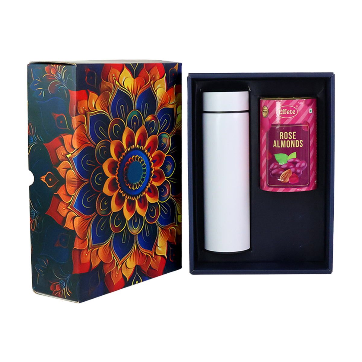 Effete Rose Almonds Gift Hamper Golden With Bottle (2 Pc Set)