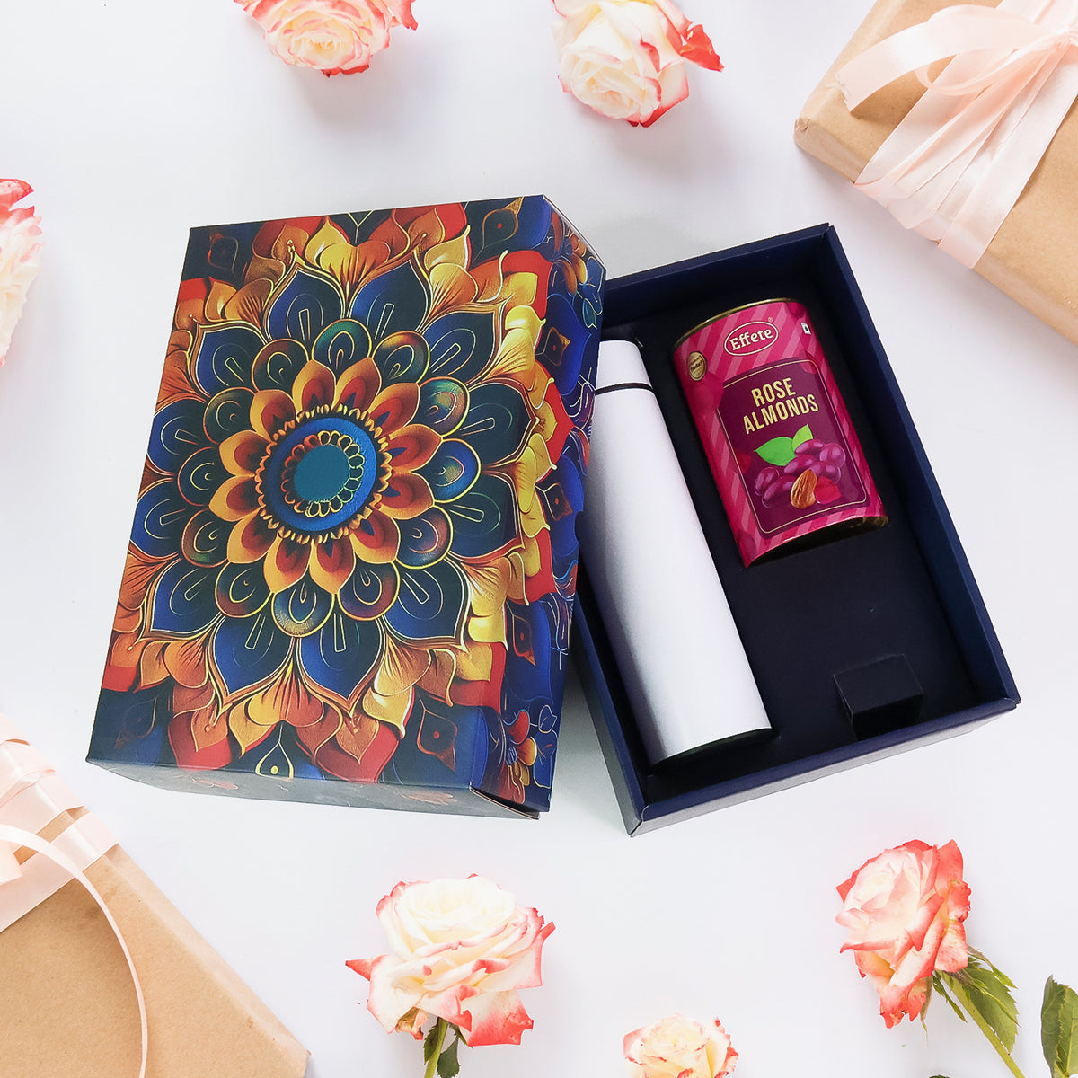 Effete Rose Almonds Gift Hamper Golden With Bottle (2 Pc Set)
