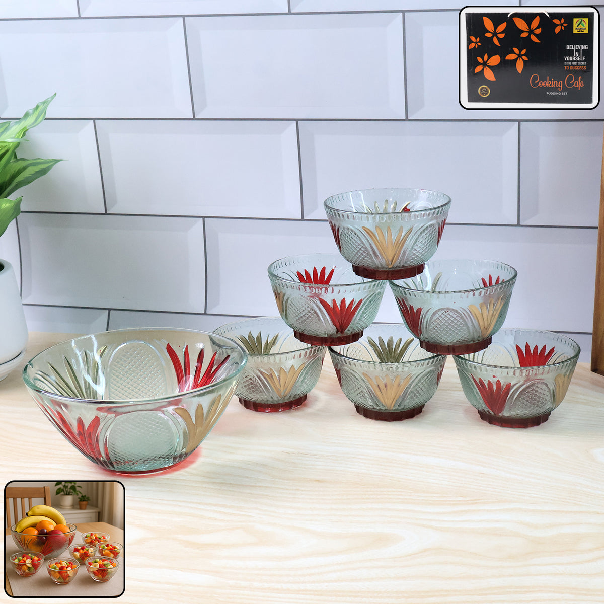 8234 Rose Glass Multipurpose Pudding  Dessert  Ice Cream Bowl Set For Home Use Home  Kitchen Serving Bowl For Sundae Sweets Snacks Fruit Pudding Nuts Or Dip Serving Bowls 6 Medium  1 Big Bowl (Set Of 7 Pc)