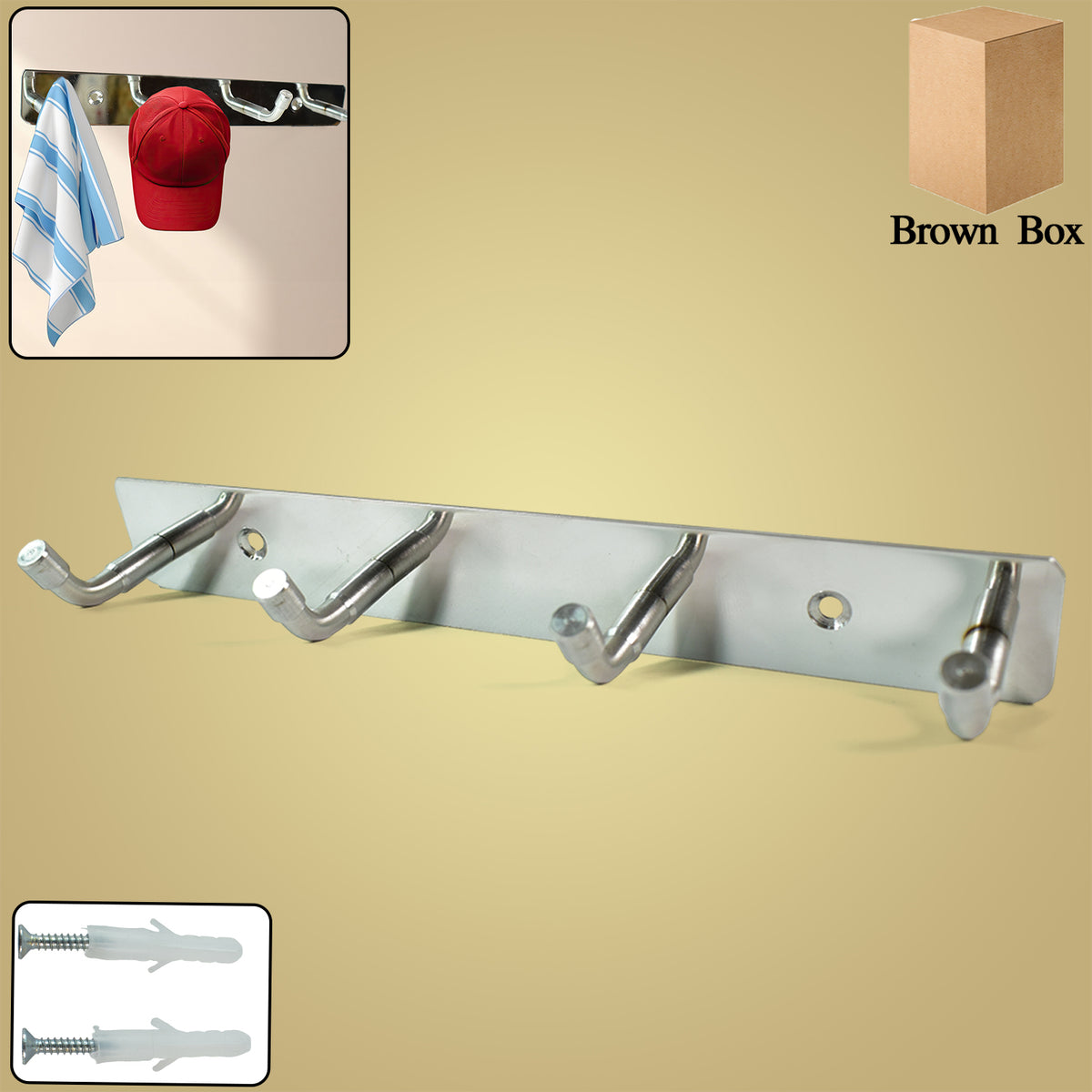 Stainless Steel Wall Mounted Coat 4 Hook Rack (20x3  1 Pc)