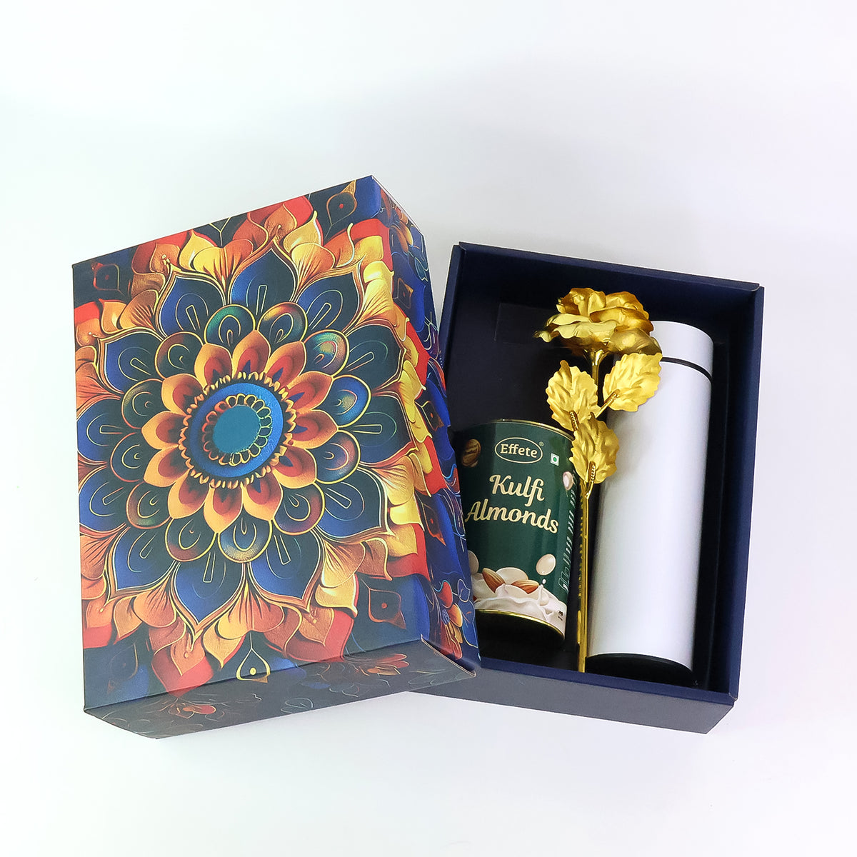 Effete Kulfi Almonds Gift Hamper Golden Rose With Bottle (3 Pc Set)