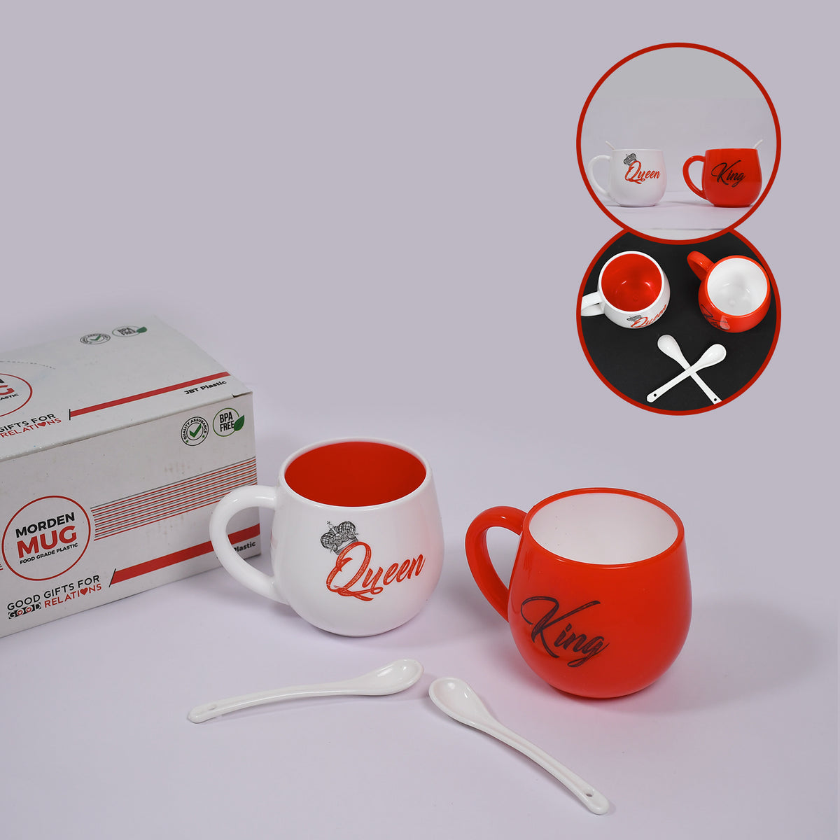 4764 King  Queen Printed Couple Matching Coffeetea Plastic Coffee Mug (300ml Set Of 2)