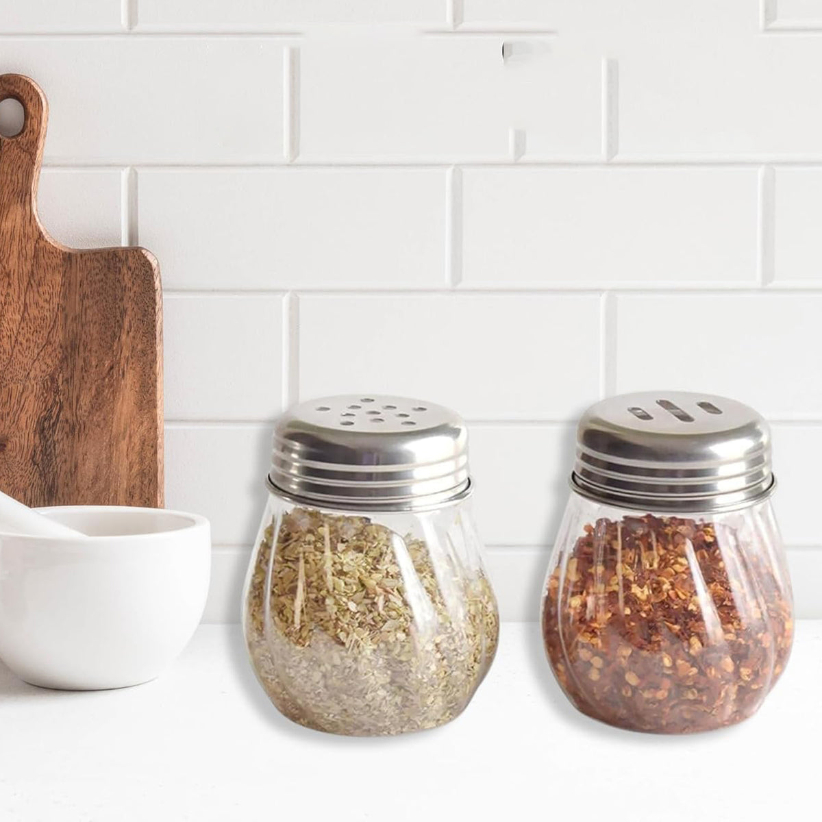 Apex Oregano  Chilli Flakes Dispenser Set  2 Pcs Glass Spice Shaker With Stainless Steel Lid