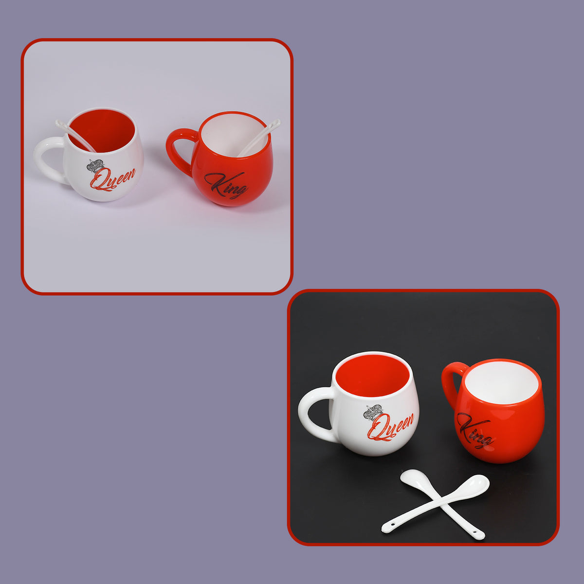 4764 King  Queen Printed Couple Matching Coffeetea Plastic Coffee Mug (300ml Set Of 2)