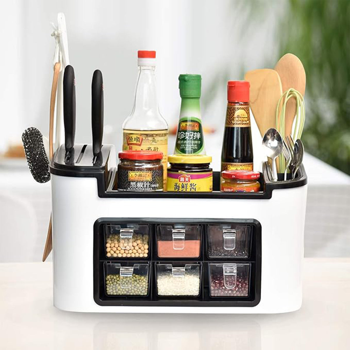 Multifunctional Kitchen Storage Organizer Rack With 6 Spice Containers Knife  Spoon Holder And Top Shelf